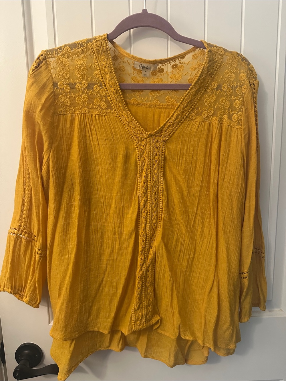 Style & Co. Mustard Yellow Lace Yoke V-Neck Women's Blouse